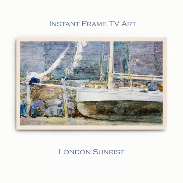 Frame TV Art Samsung, Sony. Dry dock Gloucester. Ocean Watercolor Painting, Blue Seascape. Sailboat Muted Tone Print. Fishing boat picture