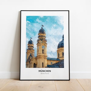 München Design Poster, München Wandkunst, Theatinerkirche München Aquarell Poster, Geburtstagsgeschenk, Kunstwerk, Druck, Deutschland
