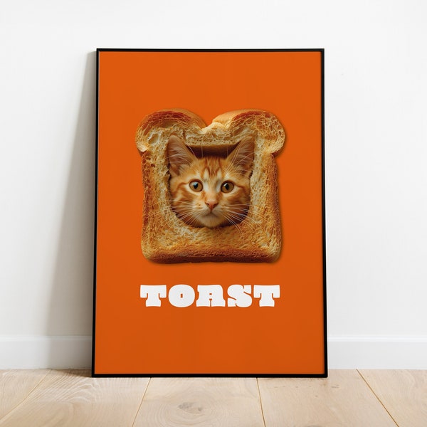 Katze mit Toastbrot Poster, Wandkunst, Wohnzimmer Dekor, Wandbild, lustige Katze Poster, Katzenliebhaber Geschenk, süße Katze Druck