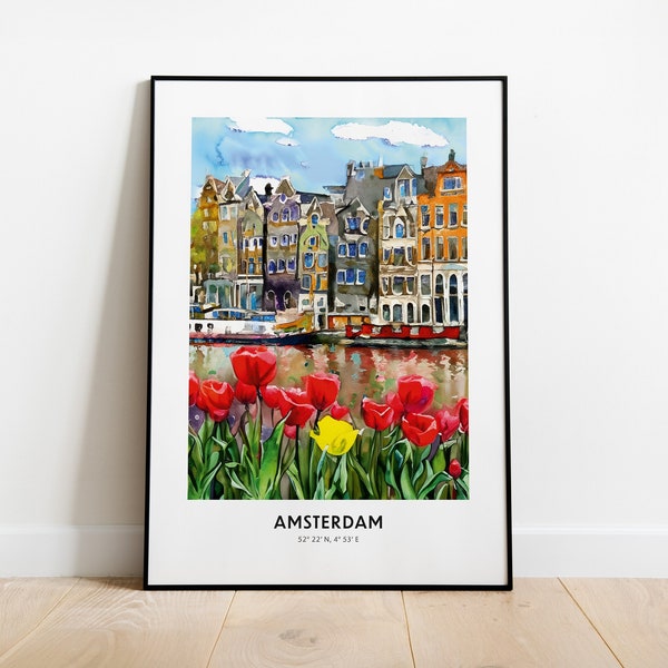 Amsterdam Aquarell Poster, Design Wall Art, Design Print, Birthday Travel Gift Present, Artwork, Print, Netherlands