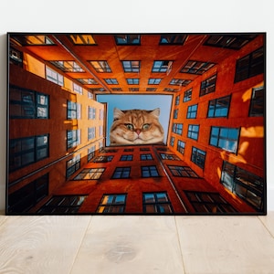 Poster gigante di gatti, arte da parete per gatti XL, poster di design gattino, grande gatto in città, amante dei gatti, decorazione da parete