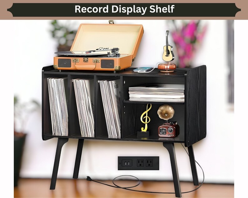 Modern Record Player Stand With Vinyl Holder Storage, Record Storage