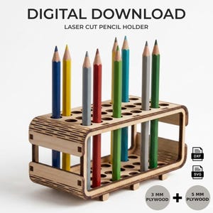 Könnte beinhalten: Ein lasergeschnittener Bleistifthalter aus Holz mit rechteckigem Design, der mehrere farbige Bleistifte enthält. Die Bleistifte sind blau, gelb, grau, rot, grün und türkis. Der Text "DIGITALER DOWNLOAD" und "LASERGESCHNITTENER STIFTHALTER" stehen oben.