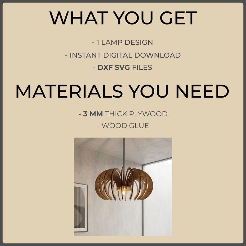 3 mm plywood laserskurna pendellampa SVG DXF-filer | Mall för modern träkrona | Glowforge digital nedladdning bild 2