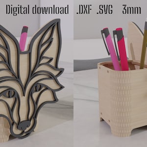 Hundpennhållare SVG, Barnskrivbordsorganisatör, Laserskuret djurpennställ, Hundpennhållare, Förvaring av pappersvaror för barnrum, 3 mm trämönster