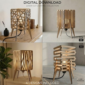 Laserskuren lampa SVG DXF-paket, trälykta-bordslampfiler för Glowforge xTool Lightburn, mall för nattlampa vid sängbordet, 4 mm plywood