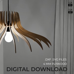 May include: A wooden pendant light fixture with a unique, layered design. The light fixture is made of light brown wood and features a bright, glowing lightbulb. The text on the image reads: .DXF .SVG FILES, 4 MM PLYWOOD, DIGITAL DOWNLOAD.
