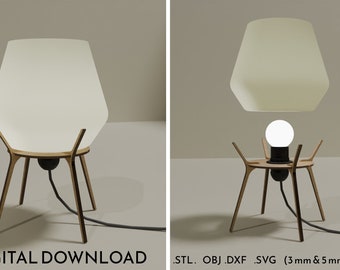 Lámpara de mesa minimalista geométrica impresa en 3D y cortada con láser en madera contrachapada, archivo vectorial SVG, DXF, OBJ, STL para impresión, descarga digital.