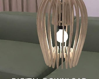 May include: A wooden pendant light fixture with a geometric design. The light fixture is made of 4mm plywood and is available as a digital download in DXF and SVG formats.