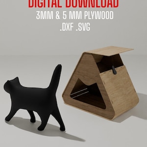 Archivos vectoriales DXF SVG de casa para gatos cortada con láser en forma de triángulo, plantilla de casa para mascotas con lugar de almacenamiento, descarga digital