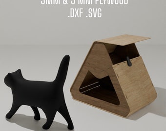 Archivos vectoriales DXF SVG de casa para gatos con corte láser triangular, plantilla de casa para mascotas con espacio de almacenamiento, descarga digital