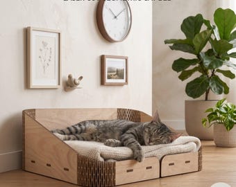 Laser Cut Cat Bed File, 5mm Plywood Cat Nest SVG, CNC Wood Pet Furniture DXF, Modern Indoor Pet Bed Plan Digital Download