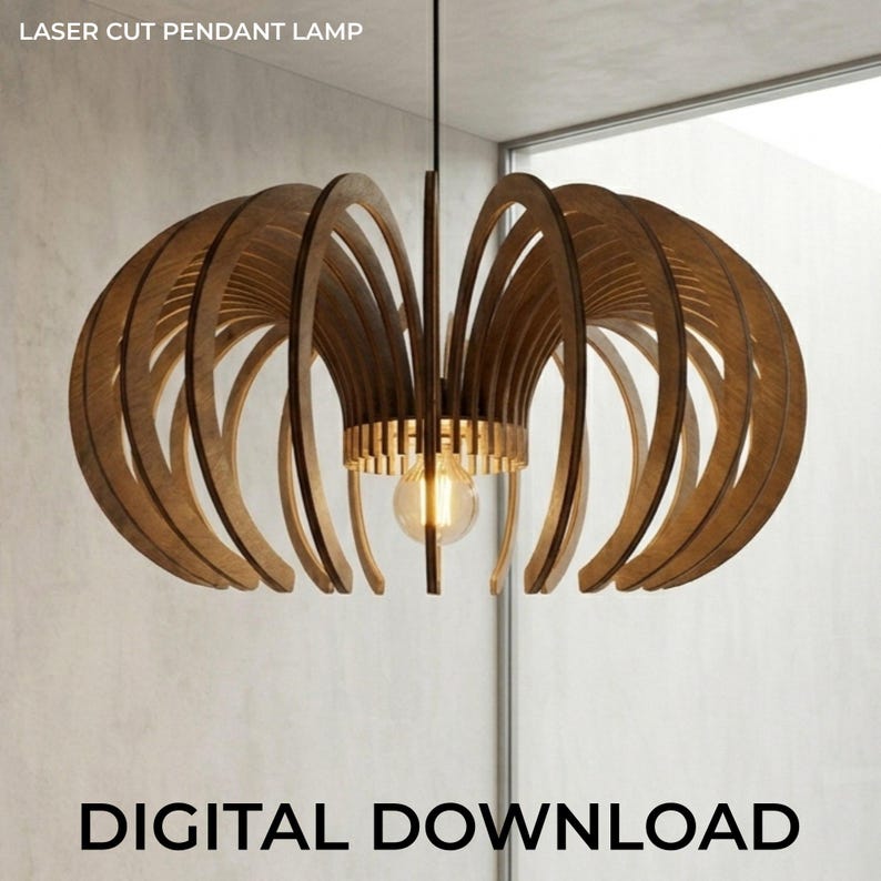 3 mm plywood laserskurna pendellampa SVG DXF-filer | Mall för modern träkrona | Glowforge digital nedladdning bild 1