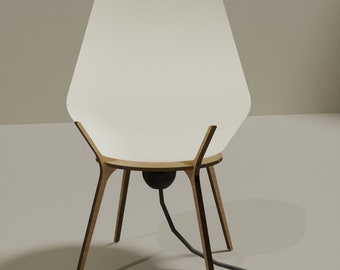 Lámpara de mesa minimalista geométrica con diseño de madera contrachapada y corte láser impreso en 3D. Archivos vectoriales para impresión 3D en formato SVG, DXF, OBJ y STL. Descarga digital.