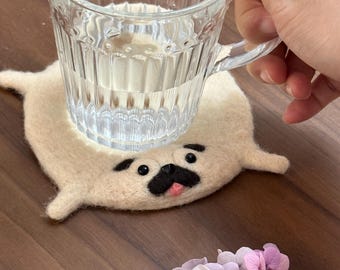 handmade coaster,needle felt,pug,seal,mug,dog,personalized,gift,decoration,gift for her,gift for him,kitchen,fun assessory