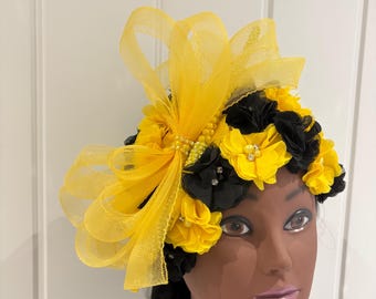 Yellow and black flower half hat