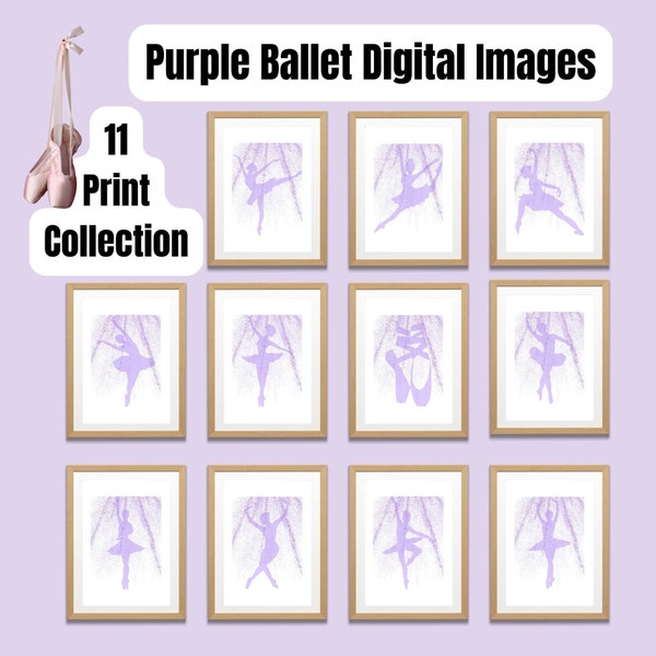 Set of 11 Glitter Purple Ballerina Wall Art, Glittery Purple Girl Digital Art, Girlie Purple Wall Art, Purple Ballerina Silhouette Wall Art