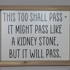 This too shall pass It might pass like a kidney stone southern snarky sign 6.25" x 8.25" x 1.375" Framed w/ various hardwood wood humor home