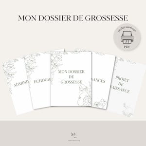 Peut inclure: Ensemble de dossiers numériques blancs pour le suivi de grossesse, avec des motifs floraux et du texte en français. Les titres incluent "ADMINIS", "ECHOGRA" et "MON DOSSIER DE GROSSESSE". Une icône de produit numérique est présente.