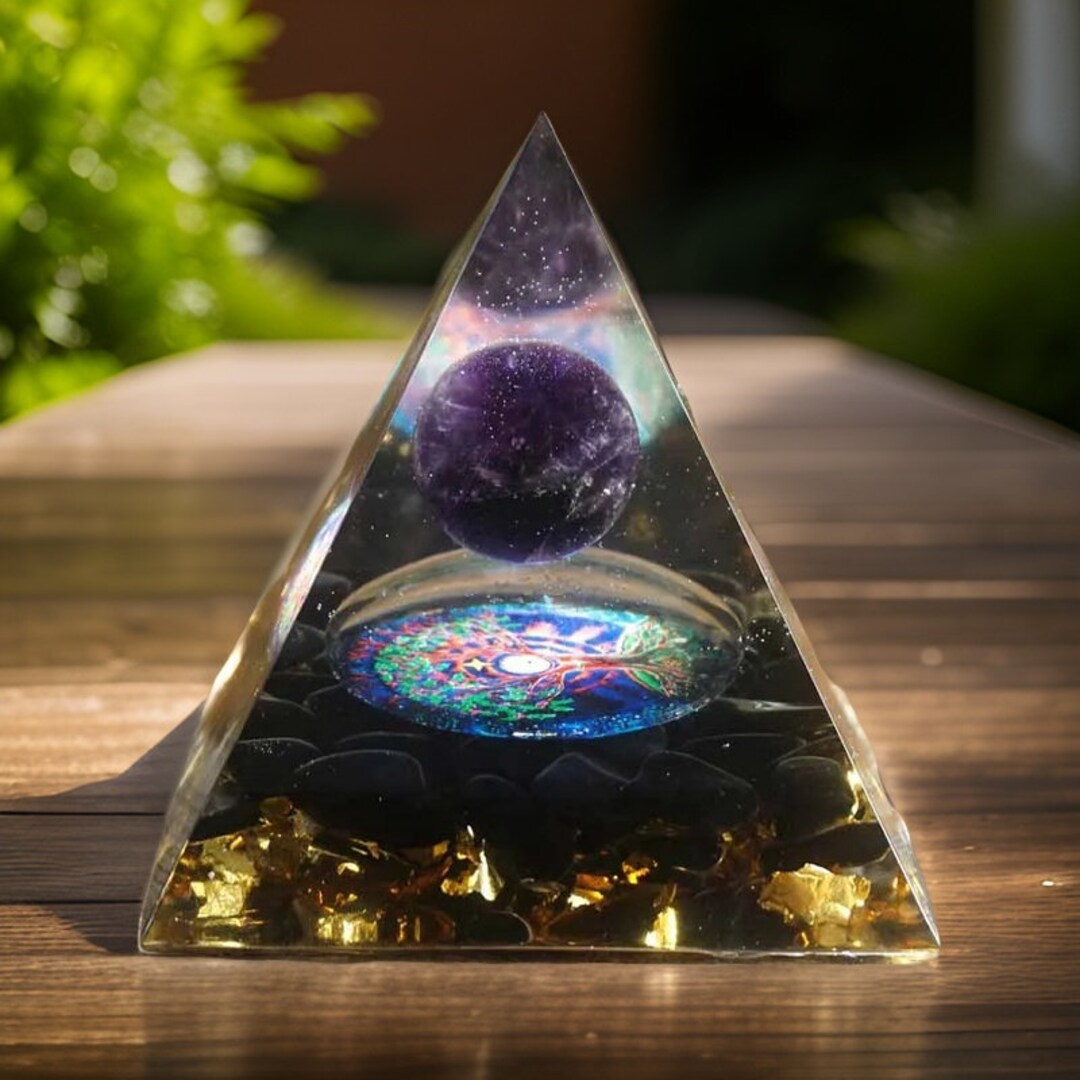 Black Obsidian Resin Tree of Life Pyramid, Purple Natural Amethyst ...