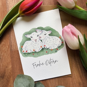 Illustrierte Postkarte / Grußkarte / Frohe Ostern Karte / Osterlämmer / Gezeichnete Grußkarte / Frohe Ostern / Lämmer / Süße Zeichnung