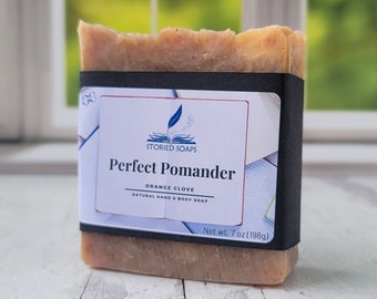 Perfect Pomander by Storied Soaps - Orange Clove Hand and Body essential oil soap - Oversized 7 oz bar