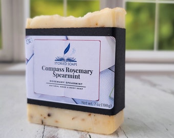 Compass Rosemary Spearmint by Storied Soaps - Rosemary Spearmint  Hand and Body essential oil soap - Oversized 7 oz bar -  Discontinued