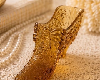 Vintage Amber Glass Shoe | Fenton Style Daisy Button Slipper, Mid Century Décor