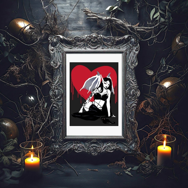 Bat Girl. She Spreads Her Wings at Night and Descends on her Lowly Prey. Dark Gothic Poster Prints Decor Creature Black and Red A4 Print