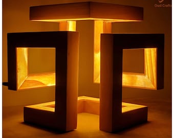 Geometric Wooden Lamp – Handmade Moroccan Bedside Light | Warm LED Nightstand Lamp | Natural Wood Home Decor