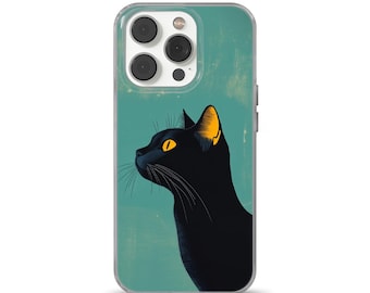 Funda para teléfono con diseño de gato negro y ojos naranjas, compatible con iPhone 16 Pro, iPhone 14, Samsung S25, A53, S21, S23 Ultra y Google Pixel 9 Pro.