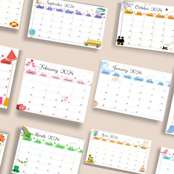 2024 Printable Calendar, Printable Kids Calendar Monthly