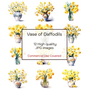Jarrón de narcisos en acuarela, 12 archivos JPG de alta calidad, arte mural, impresión floral, tarjetas, descarga digital, clipart imprimible, uso comercial