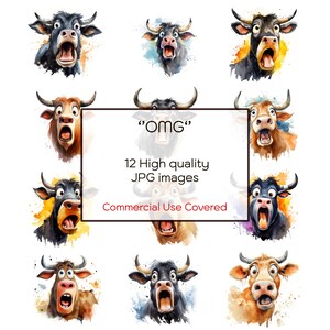 OMG Sorprendido Sorprendido Toro/Vaca Acuarela Clipart, 12 JPG de alta calidad, Impresión, Tarjetas, Taza, Camisetas, Descarga Digital, Uso Comercial