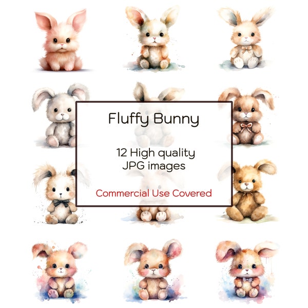 Cute Fluffy Bunny Watercolor Clipart, 12 High Quality JPGs, Valentine's Day, Print, Cards, Diary, Mugs, Digital Download, Commercial Use