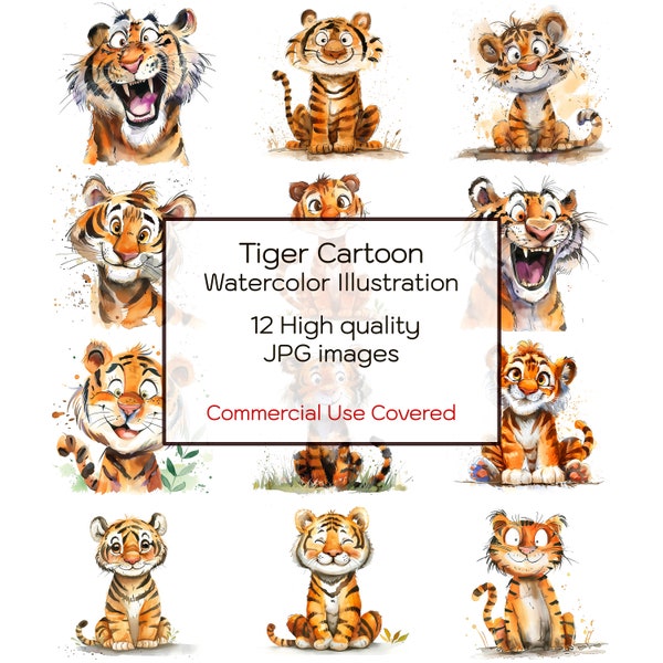 Tiger Cartoon Illustration Watercolor Clipart, 12 High Quality JPGs, Nursery Print, Cards, Mugs, T-shirts, Digital Download, Commercial Use