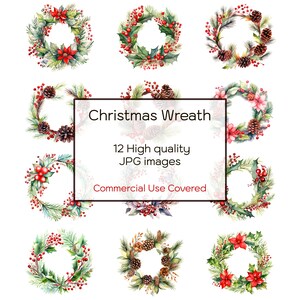 Weihnachtskranz Illustration Clipart, 12 hochwertige JPGs, Druck, Journal, Karten, Handwerk, digitaler Download, bedruckbar, kommerzielle Nutzung
