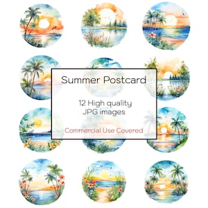 Clipart aquarelle de carte postale d'été, 12 fichiers JPG de haute qualité, impression, journal intime, carte, créations artisanales, art mural, tasse, téléchargement, imprimable, usage commercial