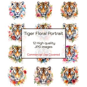 Tiger Floral Portrait Watercolor Clipart, 12 High Quality JPGs, Wall Art, Print, Cards, Mugs, Scrapbook, Digital Download, Commercial Use