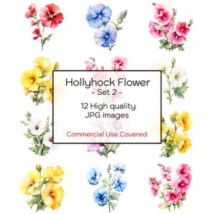 Stockrose Blume Aquarell Clipart, 12 hochwertige JPGs, Wandkunst, Blumen Clipart, Druck, Karten, Journal, digitaler Download, kommerzielle Nutzung
