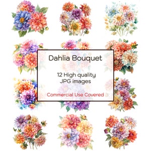 Dahlie Blumenstrauß Aquarell Clipart, 12 hochwertige JPGs, Wandkunst, Blumen Clipart, Druck, Karten, digitaler Download, kommerzielle Nutzung