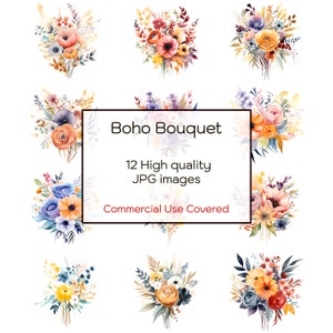 Boho Blumenstrauß Aquarell Clipart, 12 hochwertige JPGs, Wandkunst, Blumen Clip Art, Druck, Karten, Hochzeit, digitaler Download, kommerzielle Nutzung