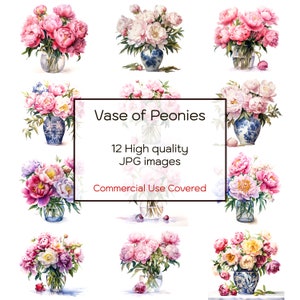 Vase mit Pfingstrosen Aquarell Clipart, 12 hochwertige JPGs, Blumen Clipart, Druck, Karten, kreative Projekte, digitaler Download, kommerzielle Nutzung