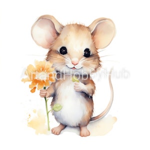 Lindo ratón con una flor, clipart de acuarela, 12 archivos JPG de alta calidad, día de San Valentín, álbum de recortes de manualidades, tarjetas, descarga digital, uso comercial