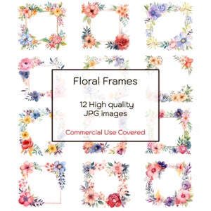 Marcos florales Acuarela Clipart, 12 JPG de alta calidad, Impresión, Diario, Tarjetas, Artesanía, Arte de pared, Tazas, Descargar, Imprimible, Uso comercial