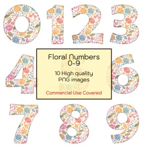 Números 0-9 Floral, 10 PNG de alta calidad, Arte de pared con impresión para guardería, Planificador digital, Diario, Tarjetas, Descarga digital, Clipart, Uso comercial