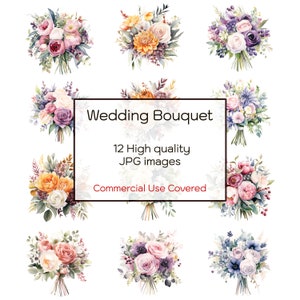 Ramo de boda en acuarela, 12 archivos JPG de alta calidad, arte mural, clip art floral, impresión, tarjetas, boda, descarga digital, uso comercial