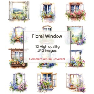 Clipart de acuarela de ventana floral, 12 archivos JPG de alta calidad, impresión, diario, tarjetas, manualidades, arte de pared, taza, descarga, imprimible, uso comercial