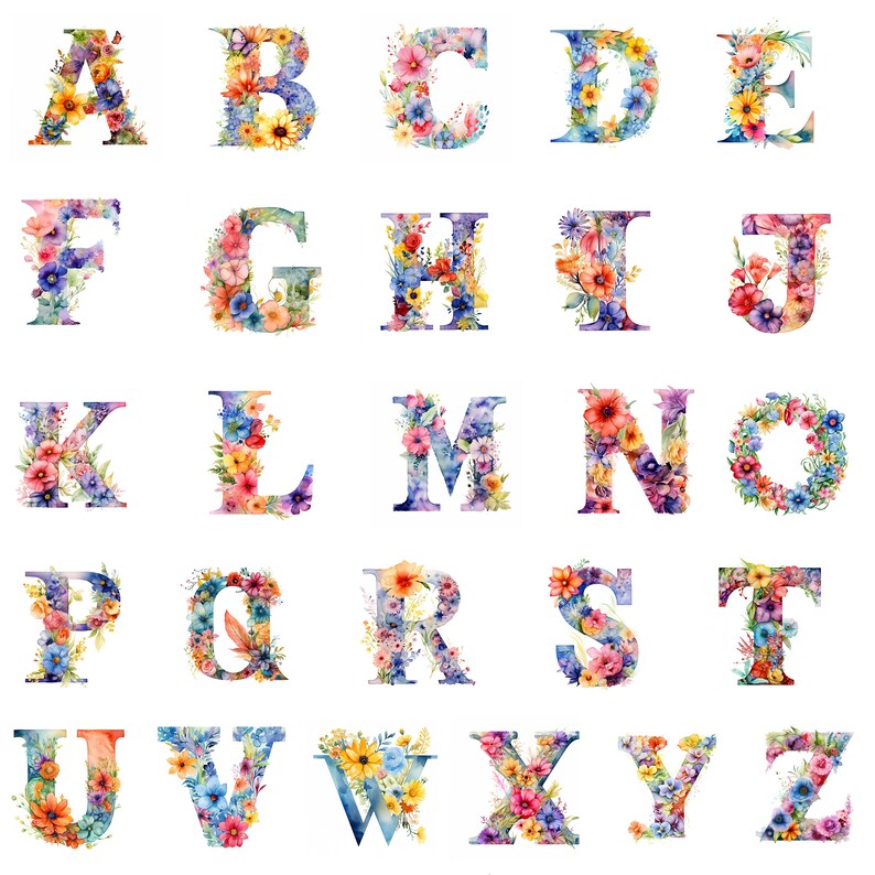 Alphabet Floral Letters, 26 High Quality Jpgs, Nursery Prints, Wall Art