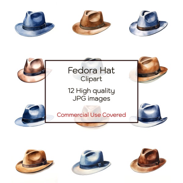 Fedora Hat Watercolor Clipart, 12 High Quality JPGs, Memory Book, Journal, Print, Cards, Scrapbooks, Digital Download, Commercial Use